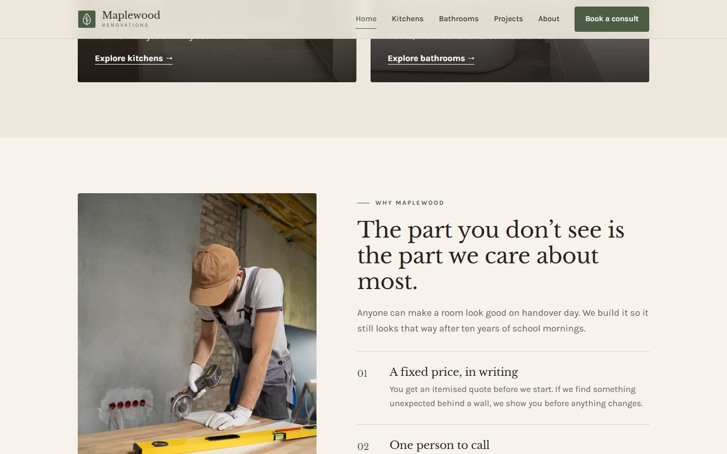 Maplewood Renovations website section