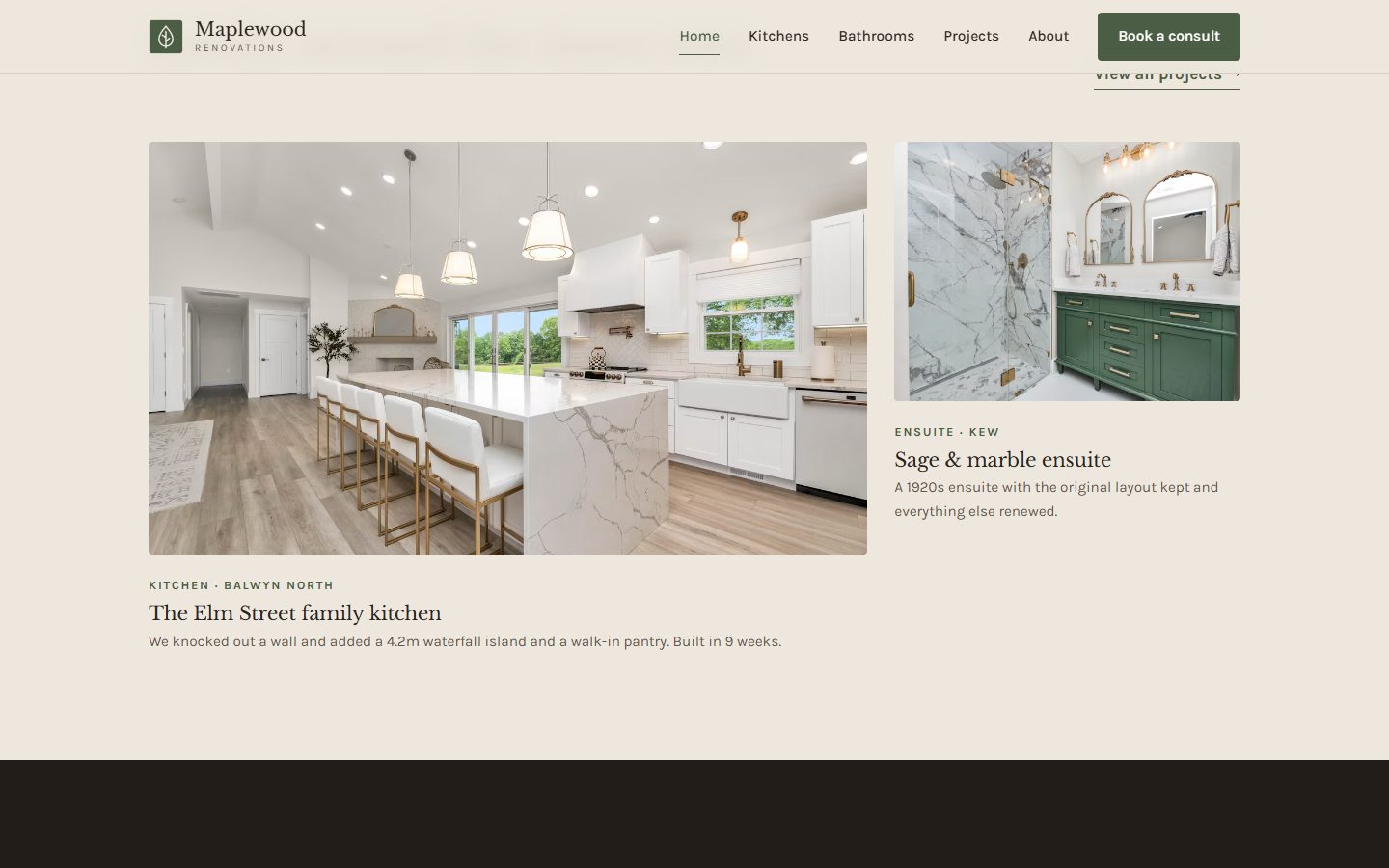 Maplewood Renovations website section